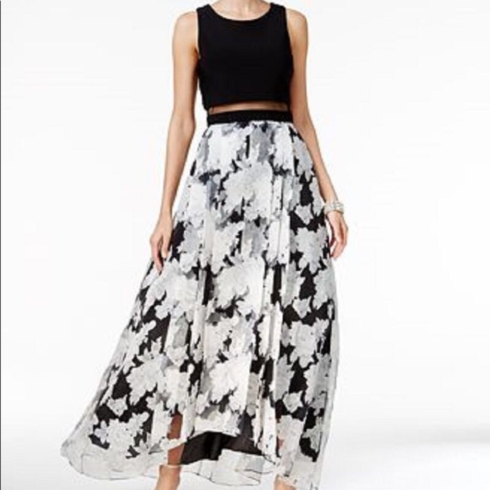 Black and White Floral Attached Two-Piece Gown